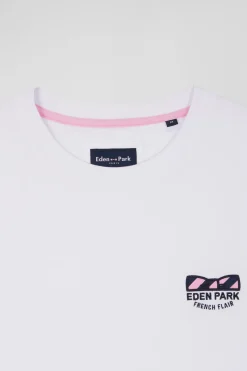 Regular white short-sleeved cotton T-shirt with tie patchwork emblem