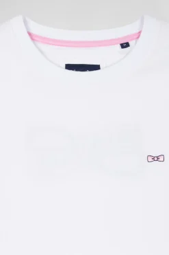Regular white short-sleeved cotton T-shirt with back emblem embroidery