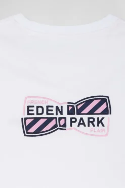 Regular white short-sleeved cotton T-shirt with back emblem embroidery