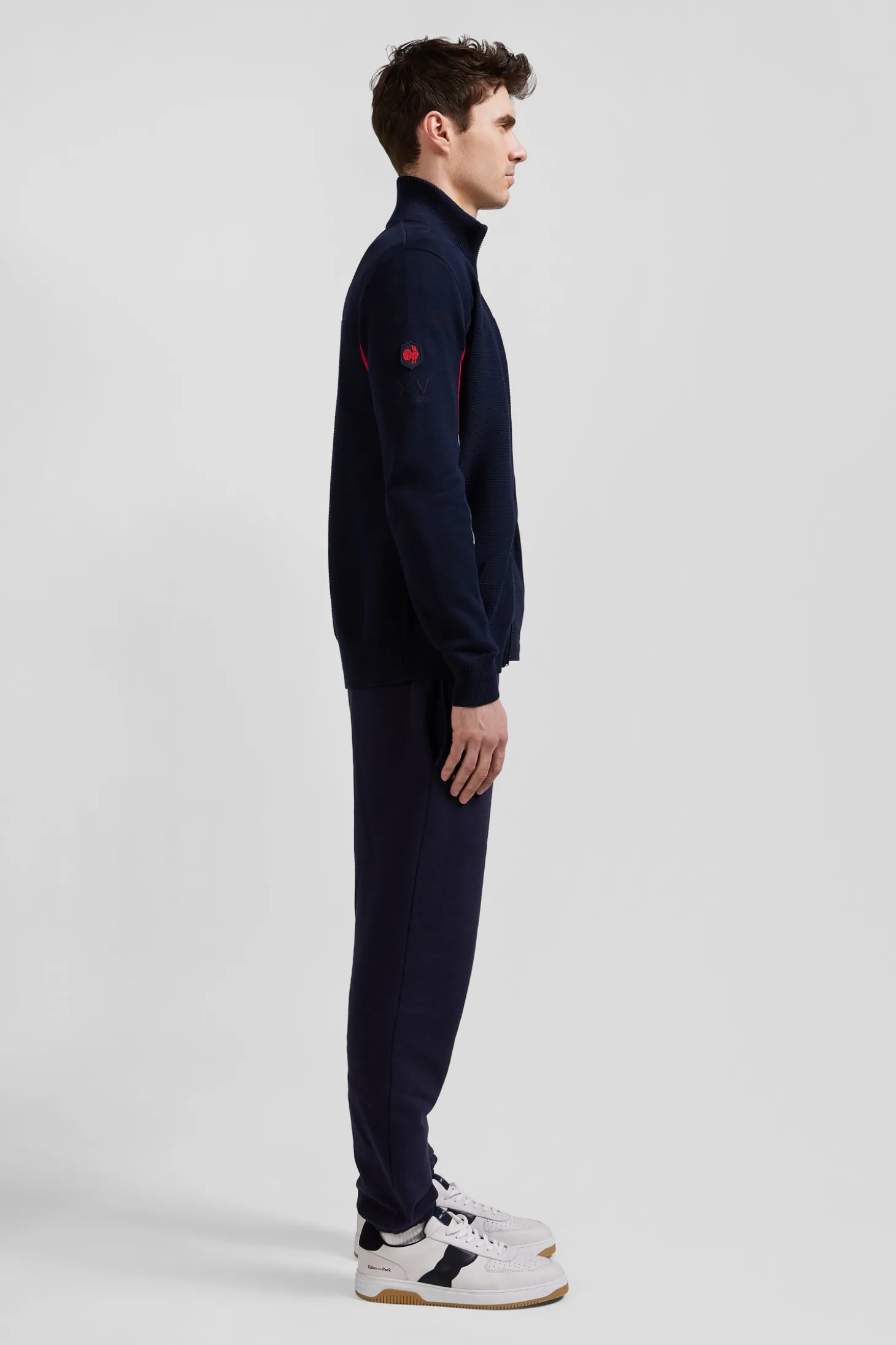 Regular XV de France navy blue cotton zipped cardigan with tricolour details