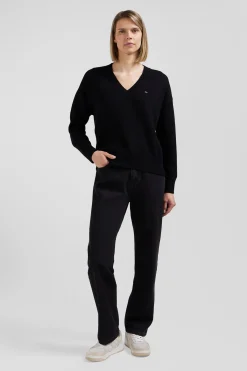 Relax black wool and cotton V-neck jumper