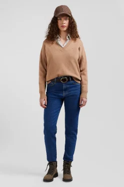 Relax camel wool and cotton V-neck jumper