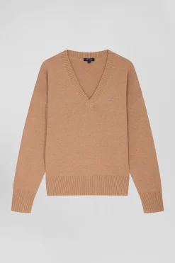 Relax camel wool and cotton V-neck jumper