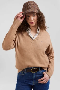 Relax camel wool and cotton V-neck jumper