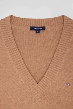 Relax camel wool and cotton V-neck jumper