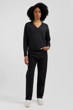 Relax dark grey mottled wool and cotton V-neck jumper