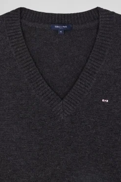 Relax dark grey mottled wool and cotton V-neck jumper