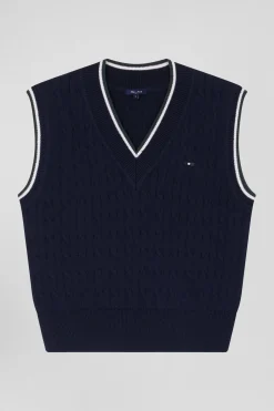 Relax navy cable-knit cotton V-neck sleeveless jumper