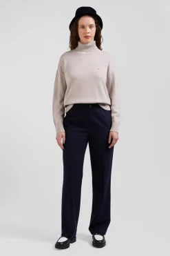 Relaxed beige wool and cotton turtleneck jumper