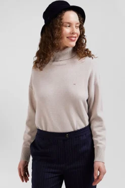 Relaxed beige wool and cotton turtleneck jumper