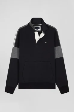 Relaxed black cotton sweatshirt with rugby shirt collar
