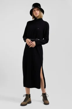 Relaxed black wool and cotton turtleneck dress