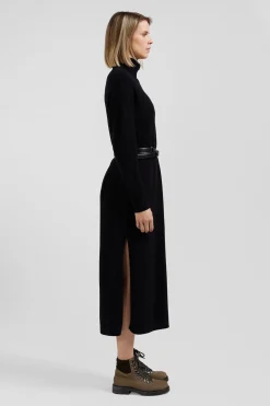 Relaxed black wool and cotton turtleneck dress