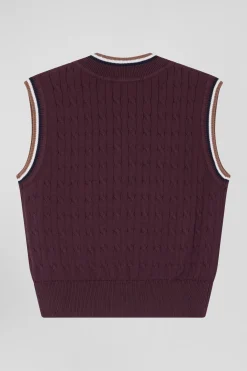 Relaxed burgundy cable-knit cotton V-neck sleeveless jumper