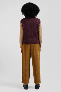 Relaxed burgundy cable-knit cotton V-neck sleeveless jumper