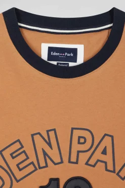 Relaxed camel bicolor short-sleeved cotton T-shirt with Eden Park 10 print