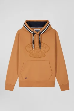 Relaxed camel cotton blend hoodie with padded embroidery