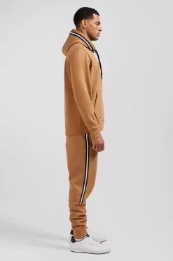 Relaxed camel cotton blend hoodie with padded embroidery
