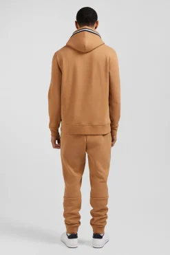 Relaxed camel cotton blend hoodie with padded embroidery