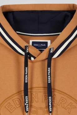 Relaxed camel cotton blend hoodie with padded embroidery