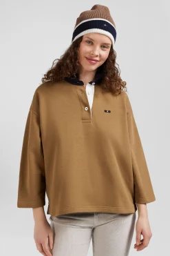 Relaxed camel cotton sweatshirt with rugby shirt collar
