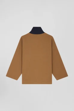 Relaxed camel cotton sweatshirt with rugby shirt collar