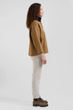 Relaxed camel cotton sweatshirt with rugby shirt collar