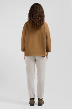 Relaxed camel cotton sweatshirt with rugby shirt collar
