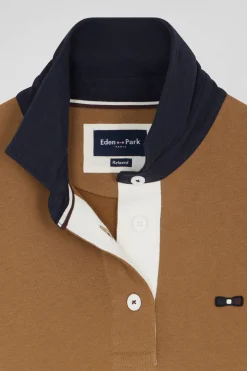 Relaxed camel cotton sweatshirt with rugby shirt collar