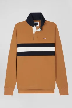 Relaxed camel embroidered long-sleeved cotton rugby shirt