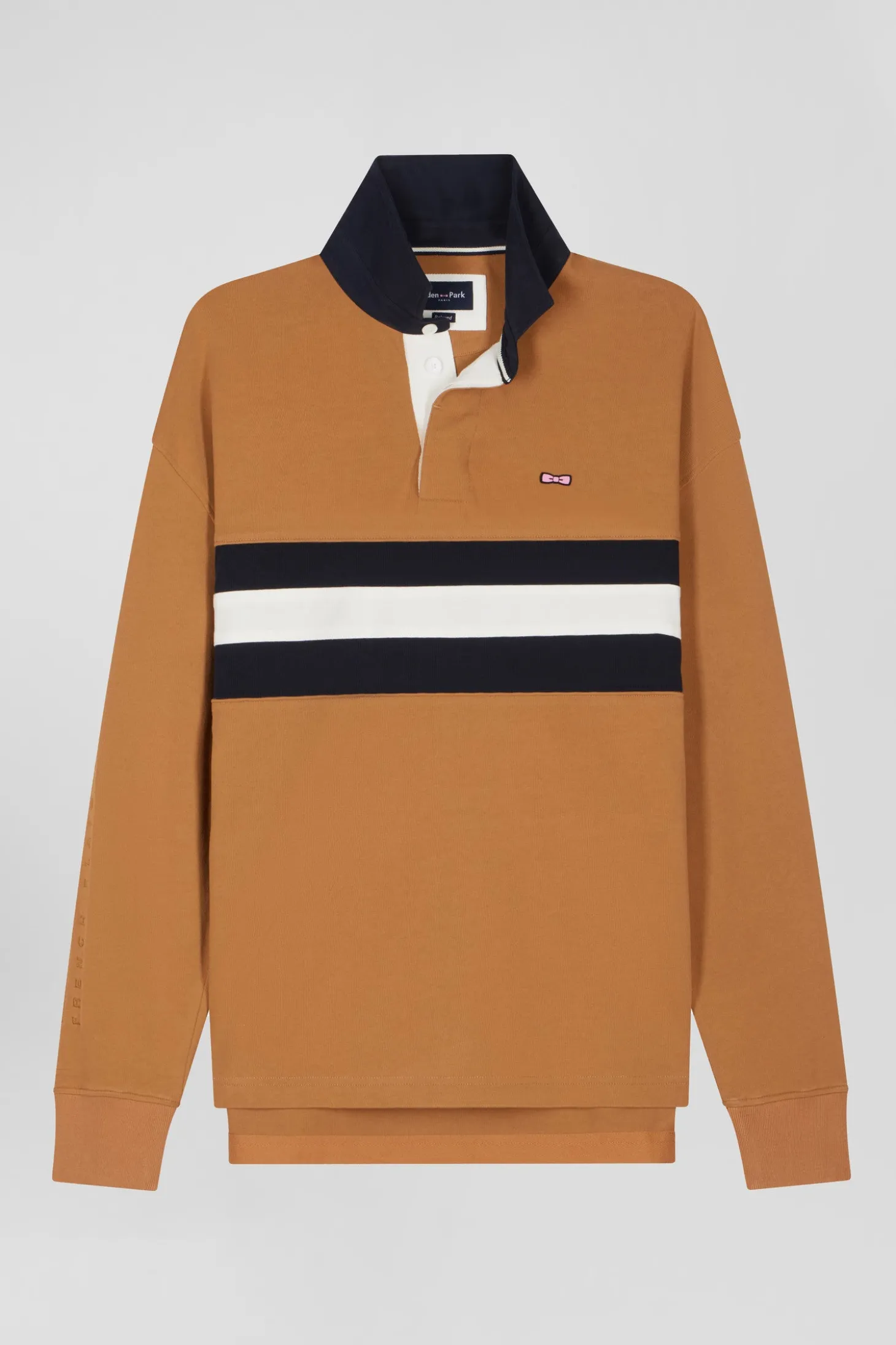 Relaxed camel embroidered long-sleeved cotton rugby shirt