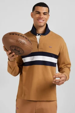 Relaxed camel embroidered long-sleeved cotton rugby shirt