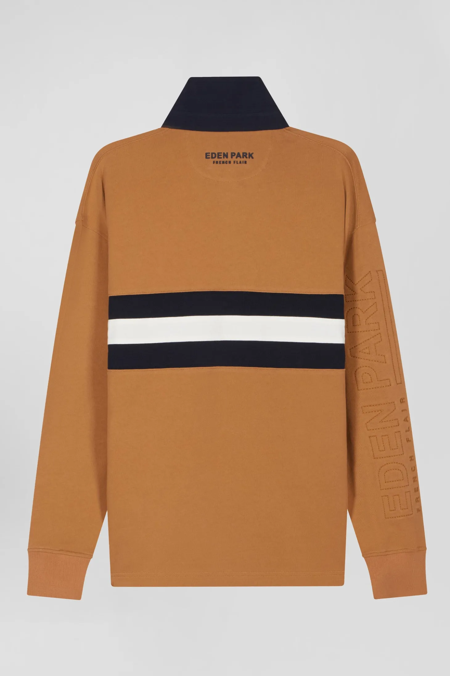 Relaxed camel embroidered long-sleeved cotton rugby shirt