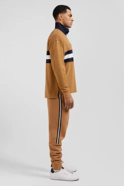 Relaxed camel embroidered long-sleeved cotton rugby shirt