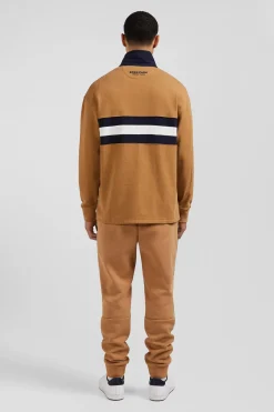 Relaxed camel embroidered long-sleeved cotton rugby shirt