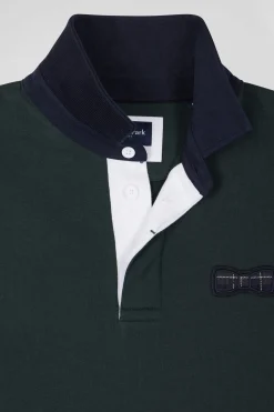 Relaxed green cotton blend sweatshirt with checked patchwork and rugby shirt collar