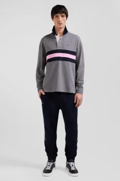 Relaxed grey embroidered long-sleeved cotton rugby shirt