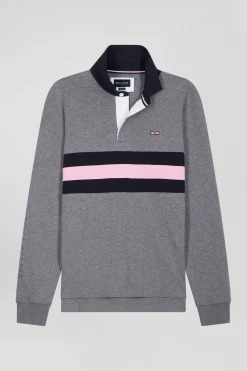 Relaxed grey embroidered long-sleeved cotton rugby shirt