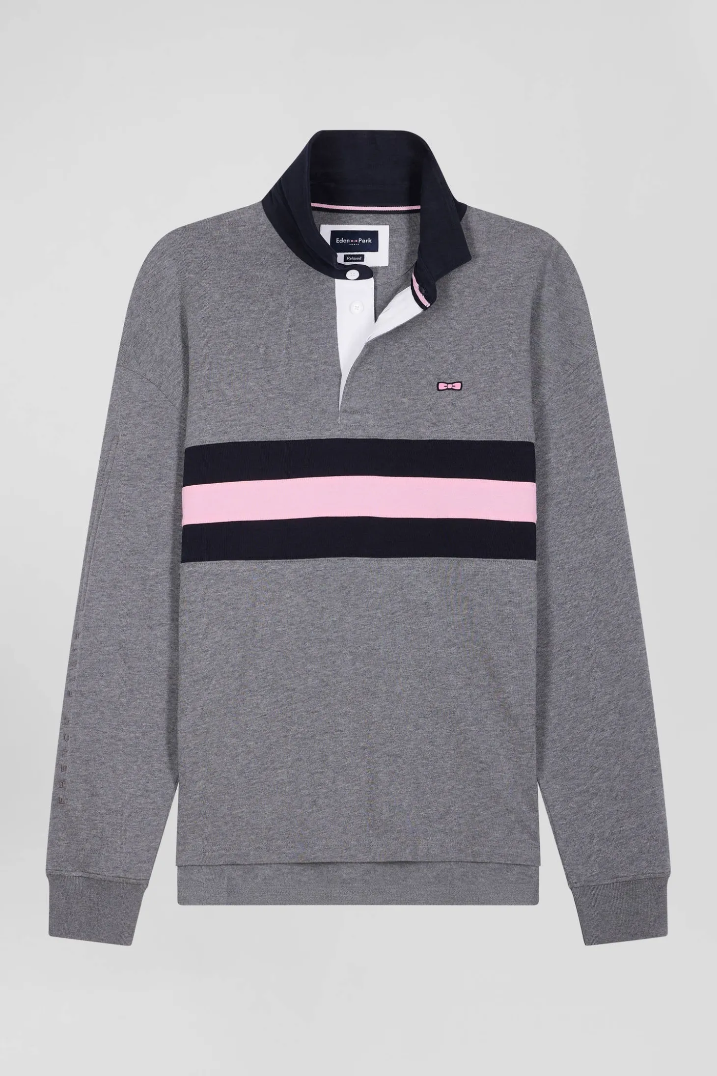 Relaxed grey embroidered long-sleeved cotton rugby shirt