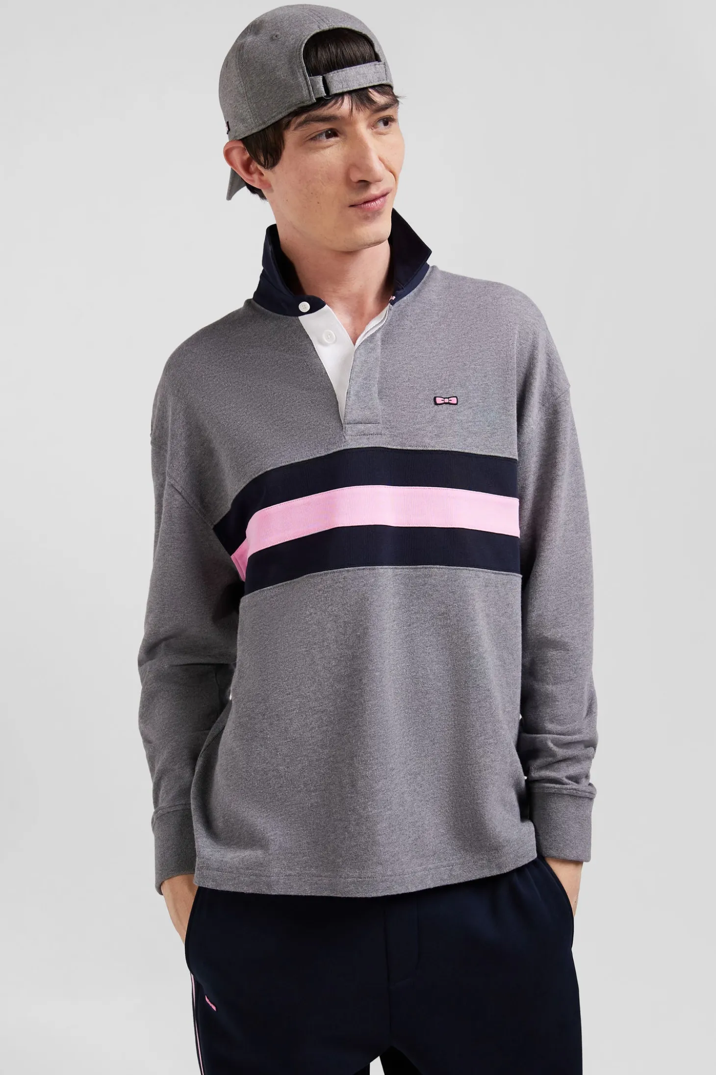 Relaxed grey embroidered long-sleeved cotton rugby shirt