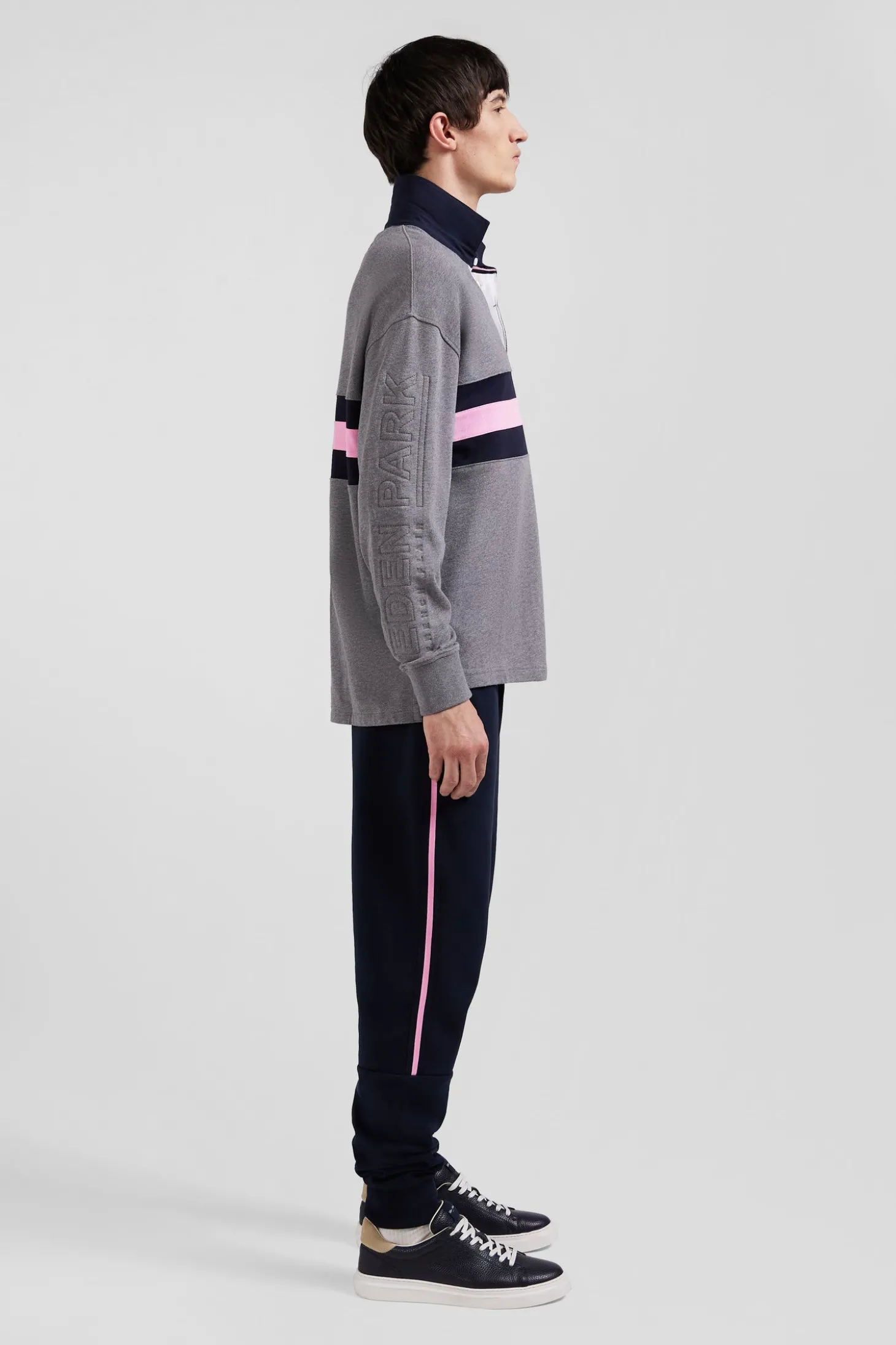 Relaxed grey embroidered long-sleeved cotton rugby shirt