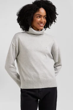 Relaxed light grey wool and cotton turtleneck jumper
