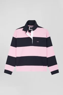 Relaxed navy and pink striped long-sleeved cotton rugby shirt