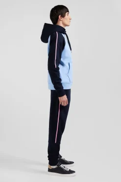 Relaxed navy and sky blue fleece hoodie with branded drawstrings