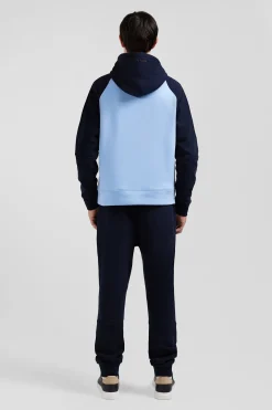 Relaxed navy and sky blue fleece hoodie with branded drawstrings