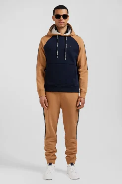 Relaxed navy blue and camel fleece hoodie with branded drawstrings