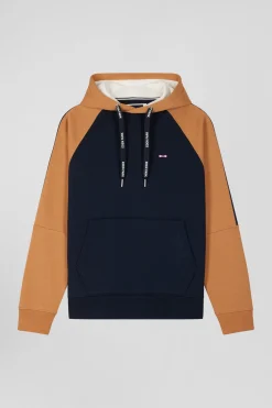 Relaxed navy blue and camel fleece hoodie with branded drawstrings
