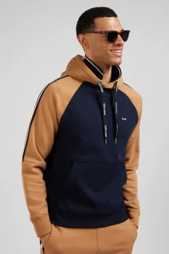 Relaxed navy blue and camel fleece hoodie with branded drawstrings