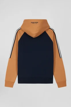 Relaxed navy blue and camel fleece hoodie with branded drawstrings