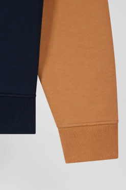 Relaxed navy blue and camel fleece hoodie with branded drawstrings